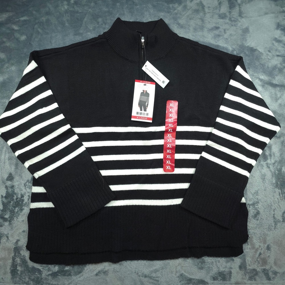 DKNY Womens XL Black White Striped Quarter Zip Turtle Neck Sweater DJ5RO975